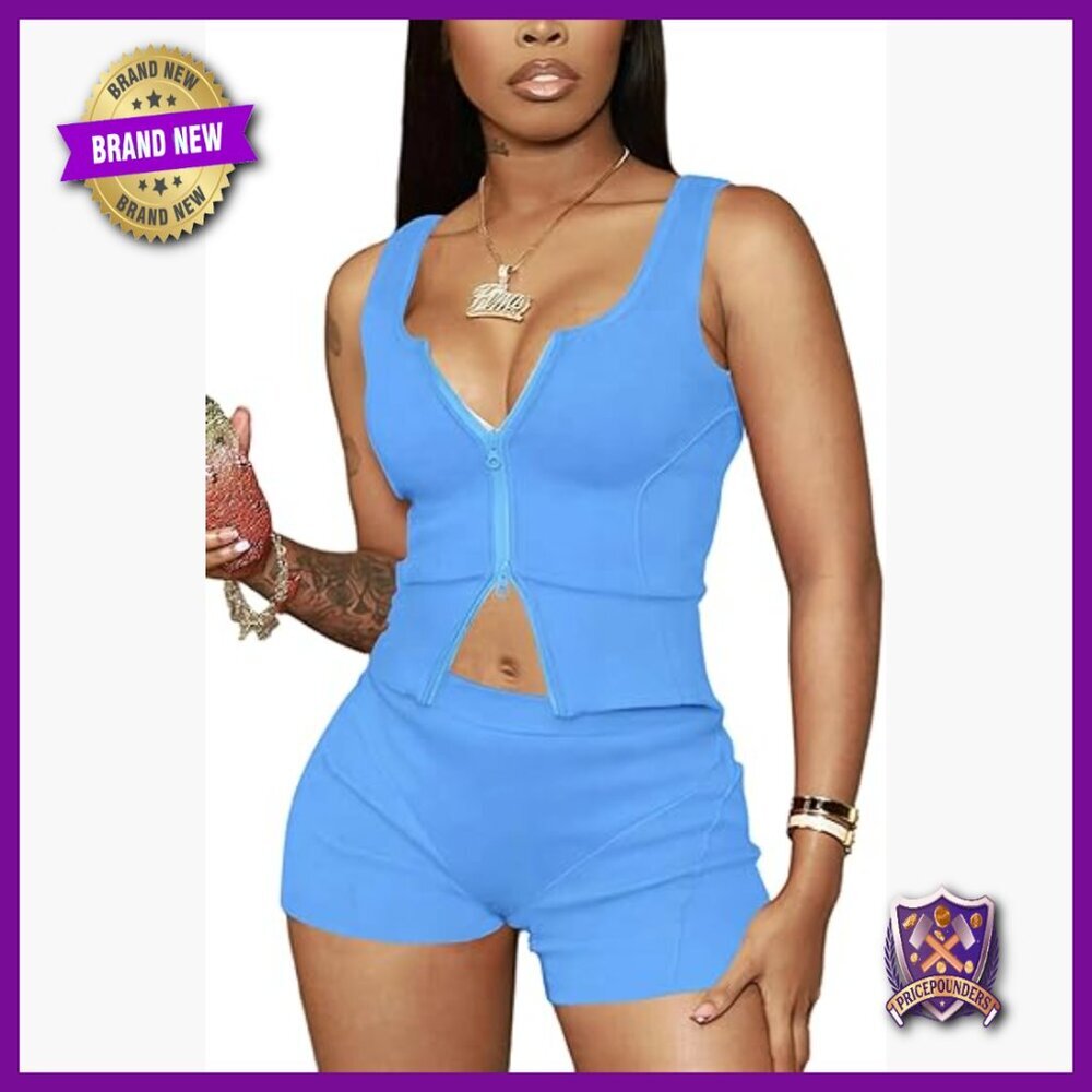 Stretchy Polyester Bodycon Short Set with Zipper Tank Top and High Waisted